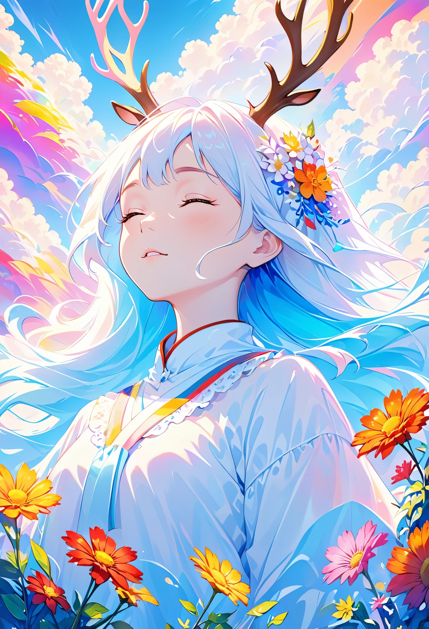 (psychedelic art:1.5), (view from below:1.2),girl，personification，big color block，white，blue, Upper body, eyes closed,deer ,There are flowers,