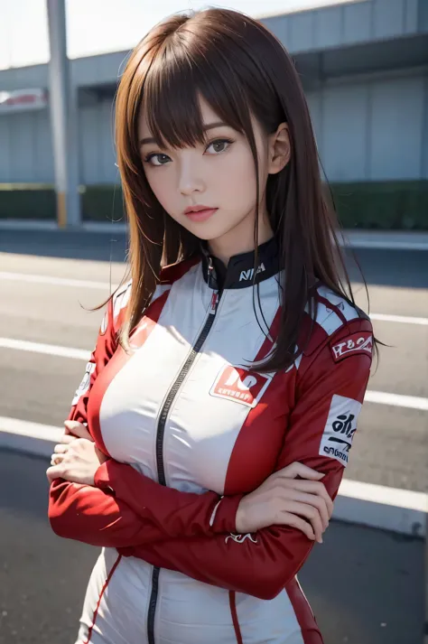 raw image quality、8k resolution、ultra-detailed cg footage、japan female racer in red racing suit stands in front of red formula c...