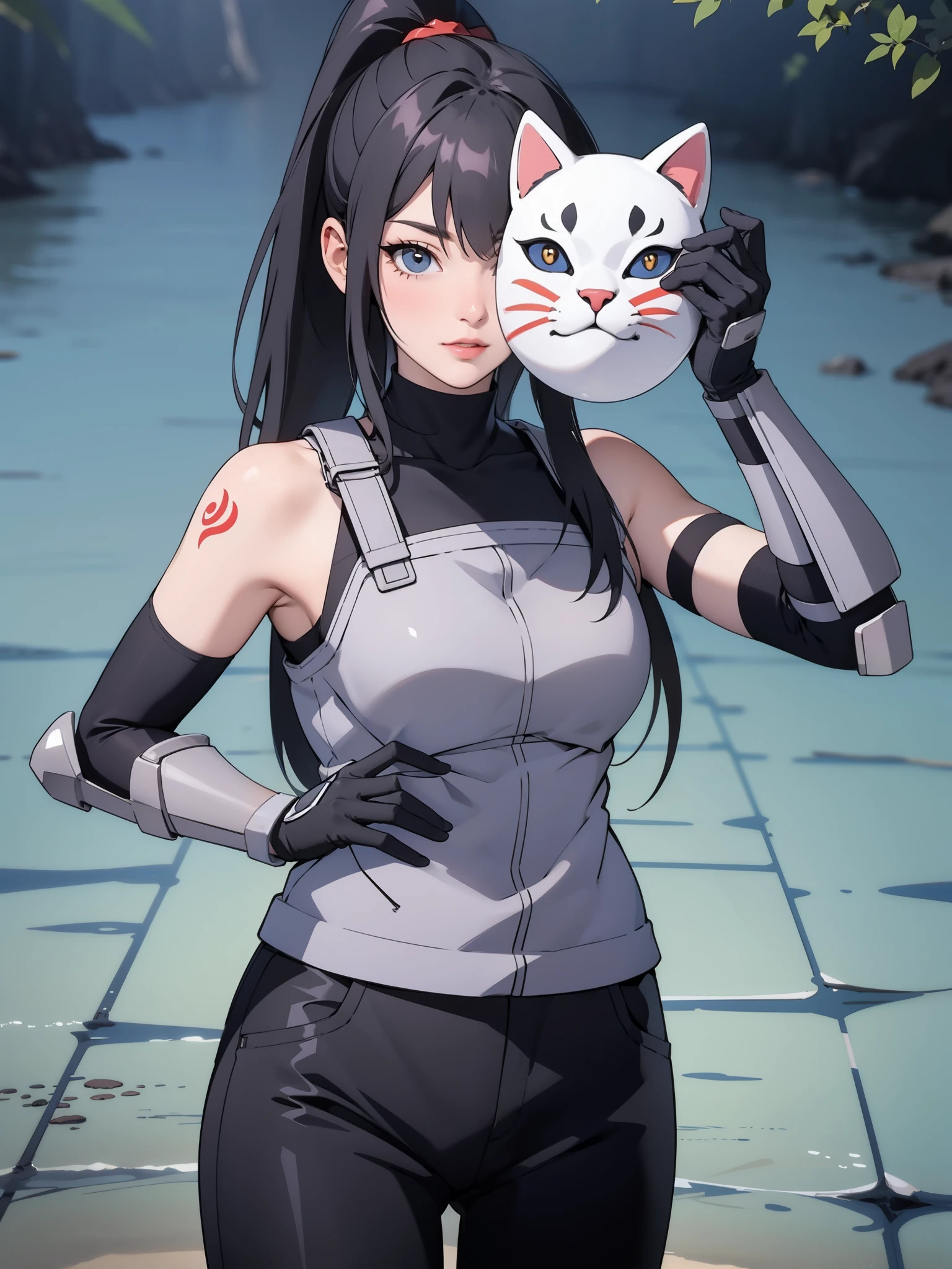 perfect eyes:1.2, detailed eyes:1.4, black hair, ponytail, very long hair, mask on hand, covering face, cat mask, grey armor:1.2, grey arm guards, black elbow gloves, black shirt, sleeveless, turtleneck, black pants, red arm tattoo, 1girl, solo, (masterpiece:1.6, best quality),