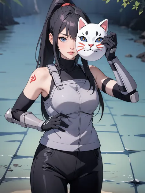 perfect eyes:1.2, detailed eyes:1.4, black hair, ponytail, very long hair, mask on hand, covering face, cat mask, grey armor:1.2...