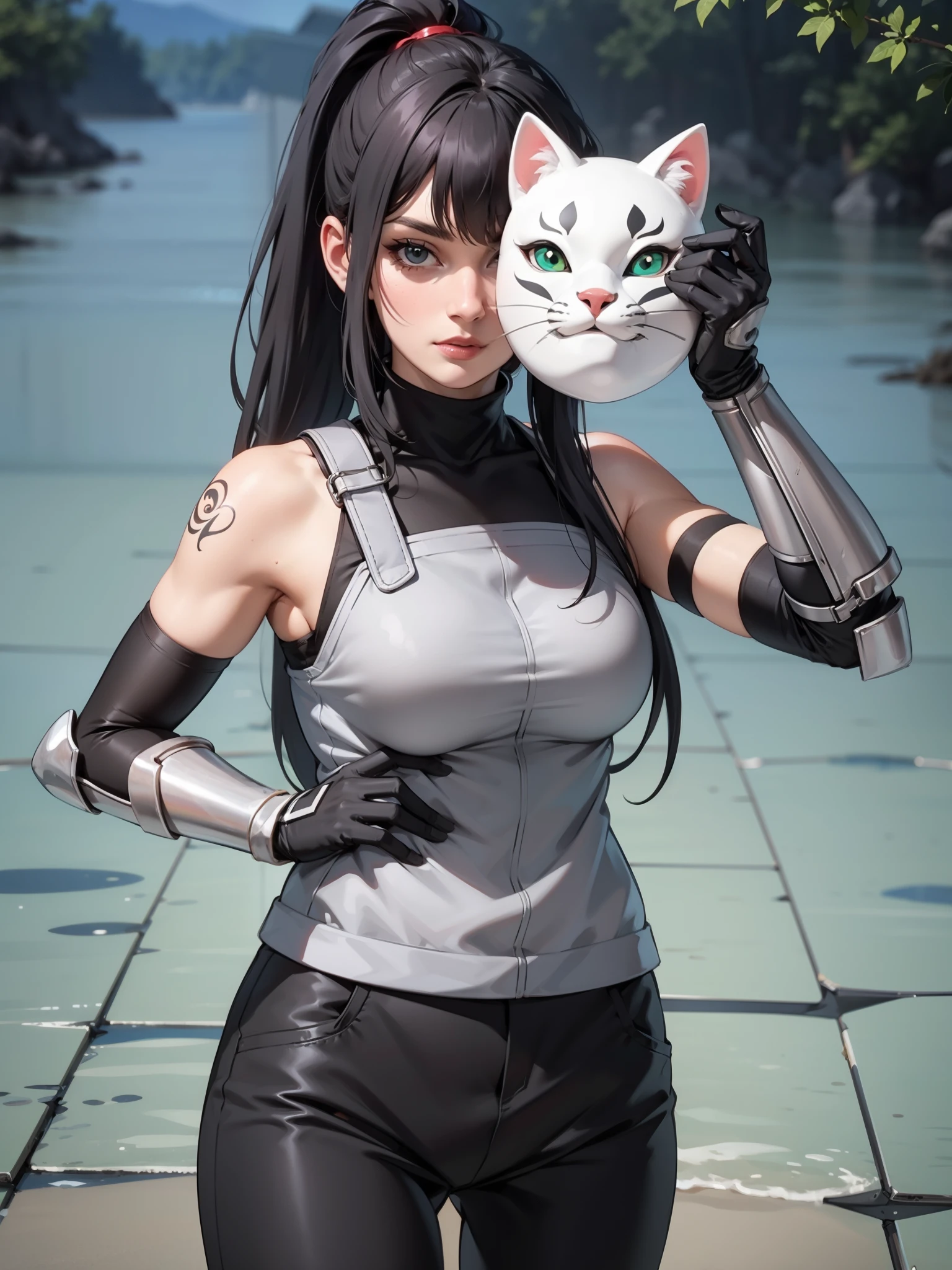 perfect eyes:1.2, detailed eyes:1.4, black hair, ponytail, very long hair, mask on hand, covering face, cat mask, grey armor:1.2, grey arm guards, black elbow gloves, black shirt, sleeveless, turtleneck, black pants, red arm tattoo, 1girl, solo, (masterpiece:1.6, best quality),