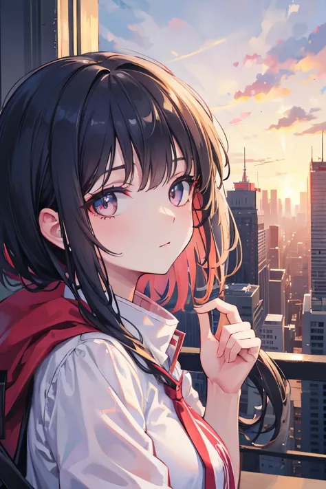 highest quality,city,building,sunset,look down,1 girl,detailed face,beautiful eyes,