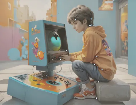 ((masterpiece: 1.5, distant shot, profile: 1.5)). (retro boy playing sitting in a chair in his room, ((playing pac man atari cx-...