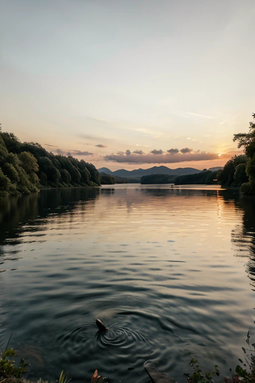 A sunset over a peaceful lake