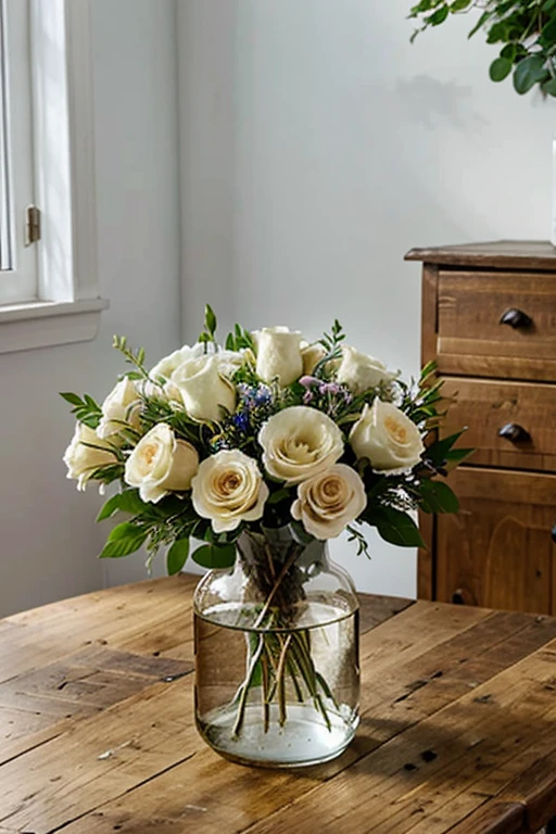 A vase of fresh flowers on a wooden table