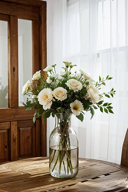A vase of fresh flowers on a wooden table