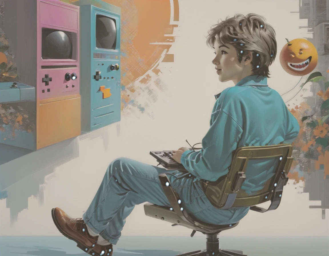 ((masterpiece: 1.5, distant shot, profile: 1.5)). (retro boy playing sitting in a chair in his room, ((playing Pac Man Atari Cx-2600 Cr C/2 Controls Console, on a retro television: 1.6, perfectly proportioned))), (the shot has to be far away the child and the Pac Man game on the Atari console are well appreciated: 1.5), sports clothing, (clothing and details with a wide variety of bright color tones, cyan, earth colors, oranges, greens: 1.3)).(composition perfect:1.4), all extremely detailed and realistic with youthful features., A perfect person, happy, smiling, fun, Her lips are a uniform shade of pink. Includes fun and impressive features. Very realistic eyes. His eyes, face and body are important and must be hyper-realistic. Very detailed and beautiful. In high definition and detail, lots of energy and emotion, enhanced details, Pay special attention to his face and make sure it is beautifully detailed and realistic.... camera: this art is ethereal and the camera should emphasize those features... Create something surprisingly beautiful. Use dynamic composition techniques, ((Imaginative scene)),((perfect, meticulously detailed:1.4)), ((full shot: 1.4, dynamic pose:1.3)), ((Best quality)), ((masterpiece) ), 3d, (Hyper Detailed: 1.3), ((Cityscape: 1.3)), (Photorealistic: 1.4), ((Low Light Night Cinema Lighting: 1.2)).32k.