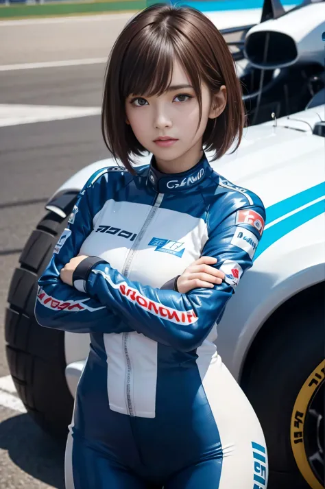 RAW image quality、8K resolution、Ultra-high-definition CG images、Japan female racer in blue racing suit riding in blue formula ca...