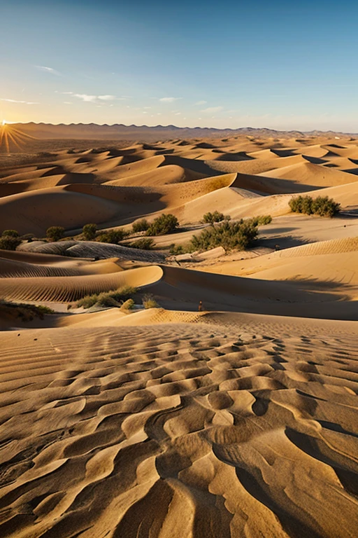 A vast desert landscape with sand dunes and a setting sun