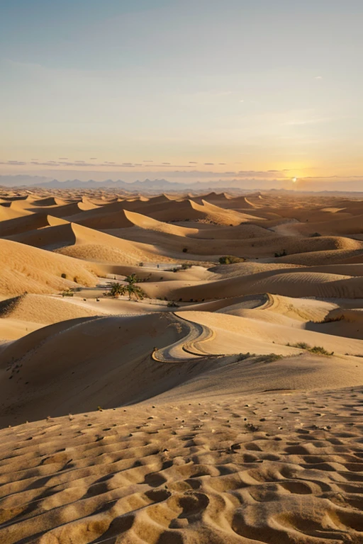 A vast desert landscape with sand dunes and a setting sun