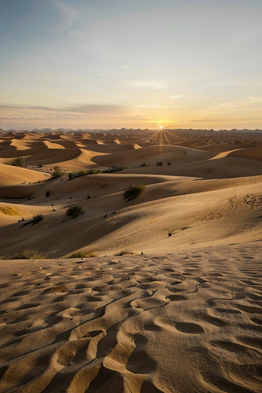 A vast desert landscape with sand dunes and a setting sun