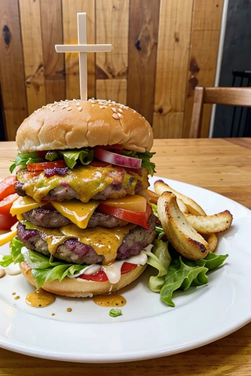 "A delicious, juicy burger with all the toppings, served on a plate"