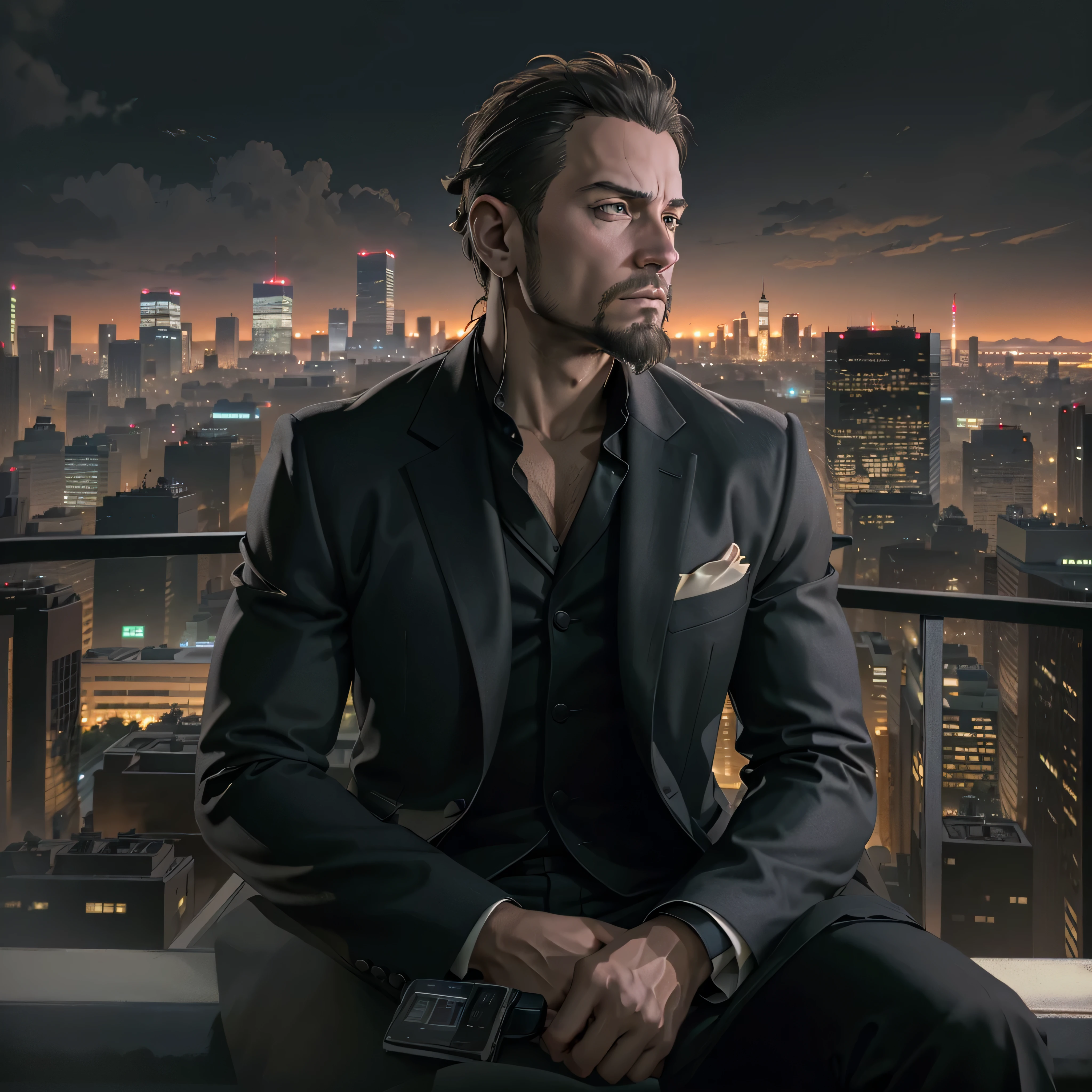 ((ultra detailed, masterpiece, best quality))
 REVChris, 35yr. old, 1boy, solo, ponytail hair, goatee, On a sophisticated city rooftop, dressed in a sharp blazer, with the skyline as the backdrop, at night