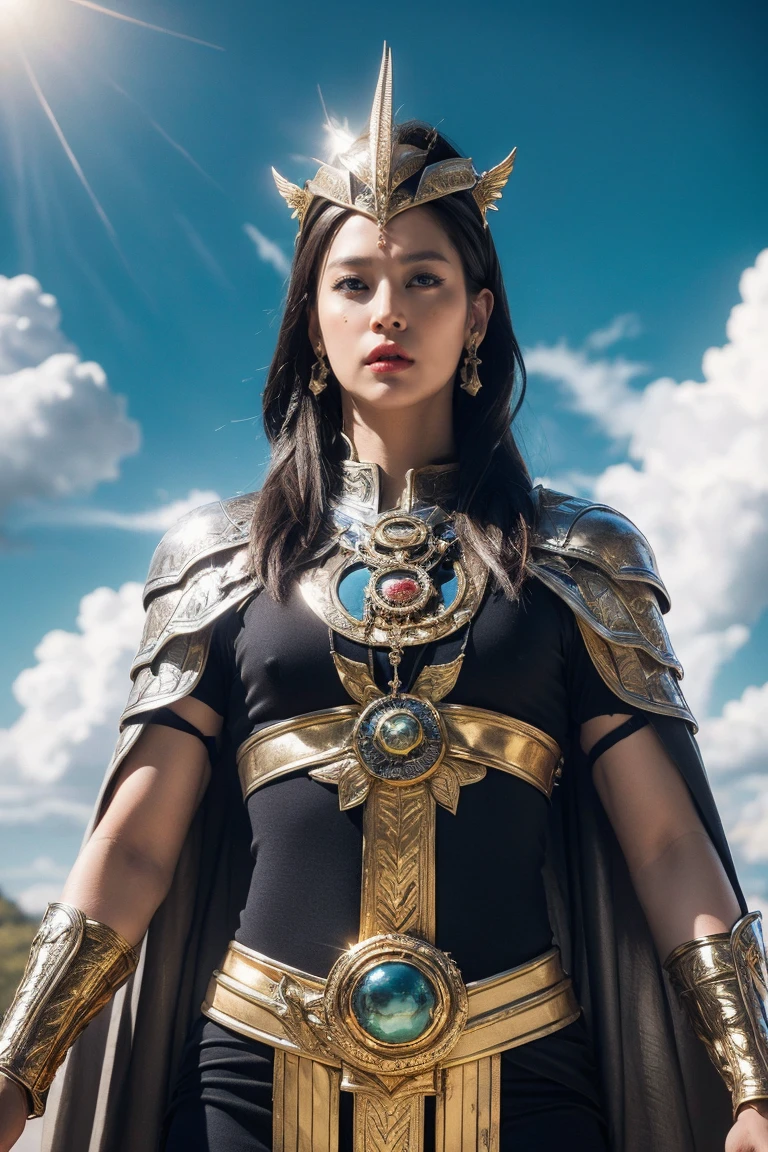 highest quality, masterpiece, realistic, High resolution, 8K RAW写真, 1 girl、long hair、goddess、Raise your decorated sword、((glamor body:1.3))、(Body suit with flame motif、gold edge、white cloak)、silver pendant、silver earrings、(((action pose)))、(planet where the sun can be seen)、(Lots of clouds in the sky）