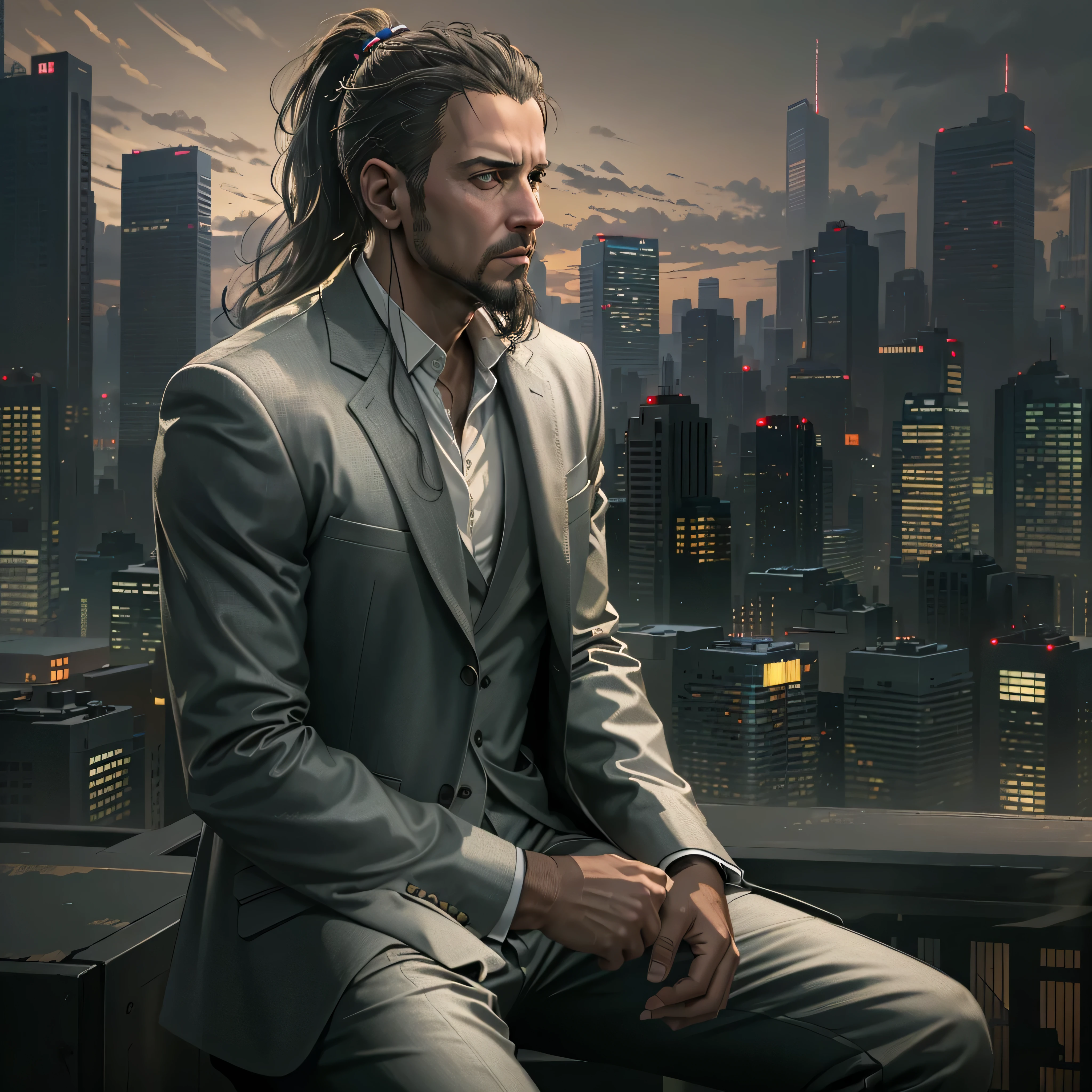 ((ultra detailed, masterpiece, best quality))
 REVChris, 35yr. old, 1boy, solo, ponytail hair, goatee, On a sophisticated city rooftop, dressed in a sharp blazer, with the skyline as the backdrop, at night