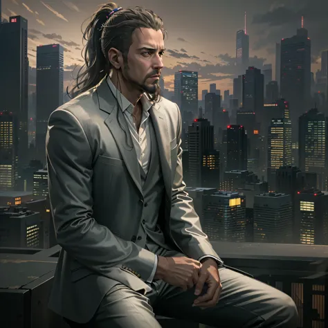 ((ultra detailed, masterpiece, best quality))
 REVChris, 35yr. old, 1boy, solo, ponytail hair, goatee, On a sophisticated city r...
