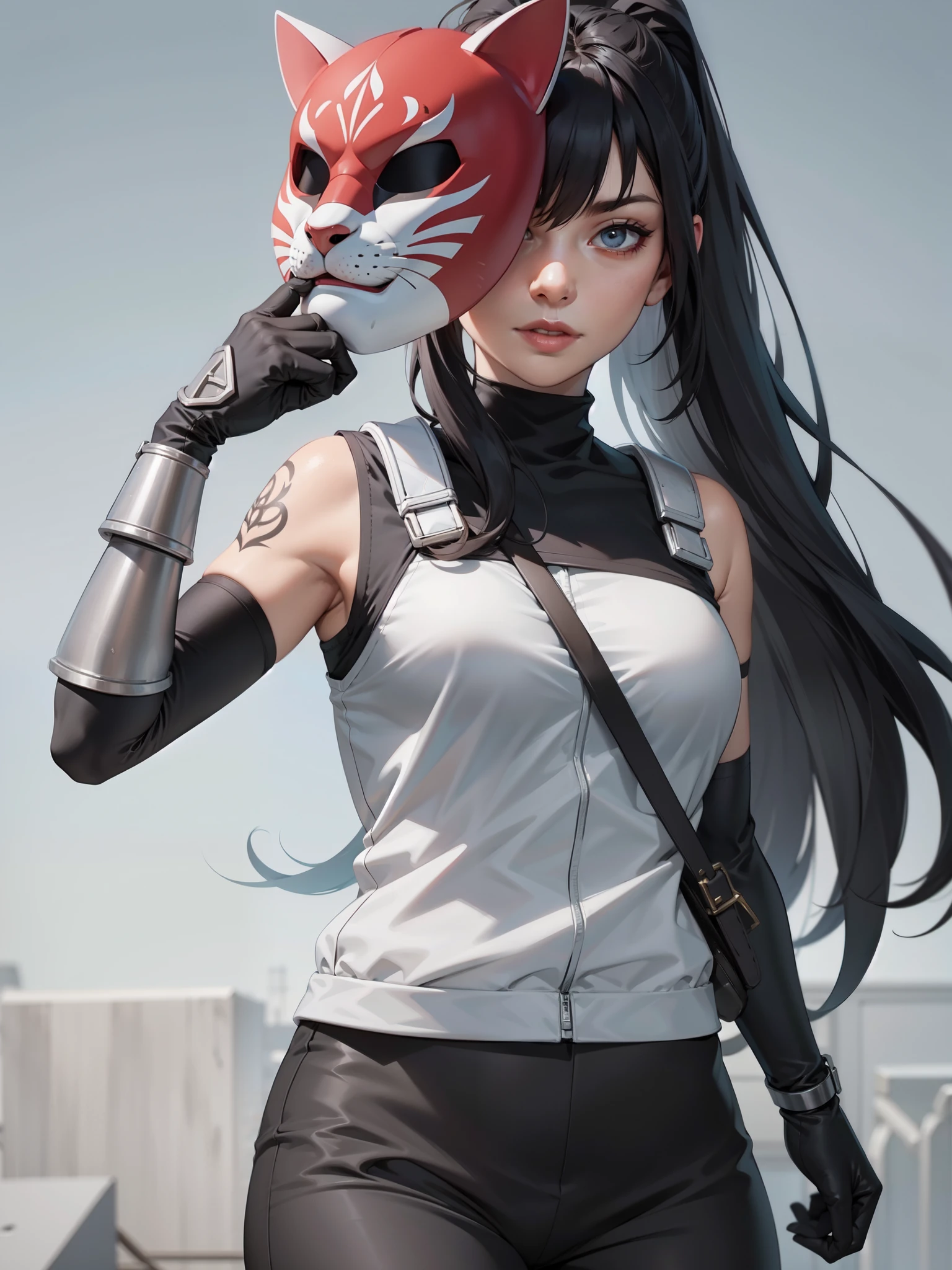 perfect eyes:1.2, detailed eyes:1.4, black hair, ponytail, very long hair, mask on hand, covering face, cat mask, grey armor:1.2, grey arm guards, black elbow gloves, black shirt, sleeveless, turtleneck, black pants, red arm tattoo, 1girl, solo, (masterpiece:1.6, best quality),