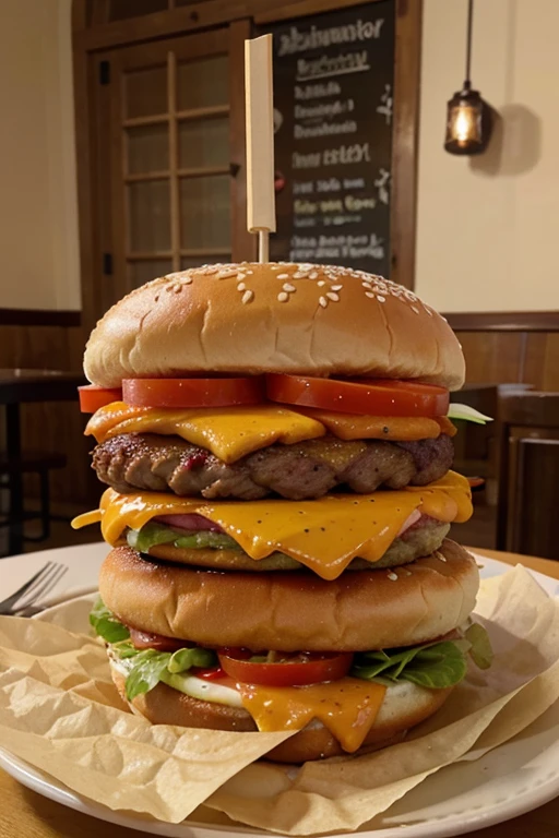 a burger sandwich with tomato cheese, em cima de uma mesa em um restaurante, This sandwich is big and delicious, 8k, real, fotografia, realista