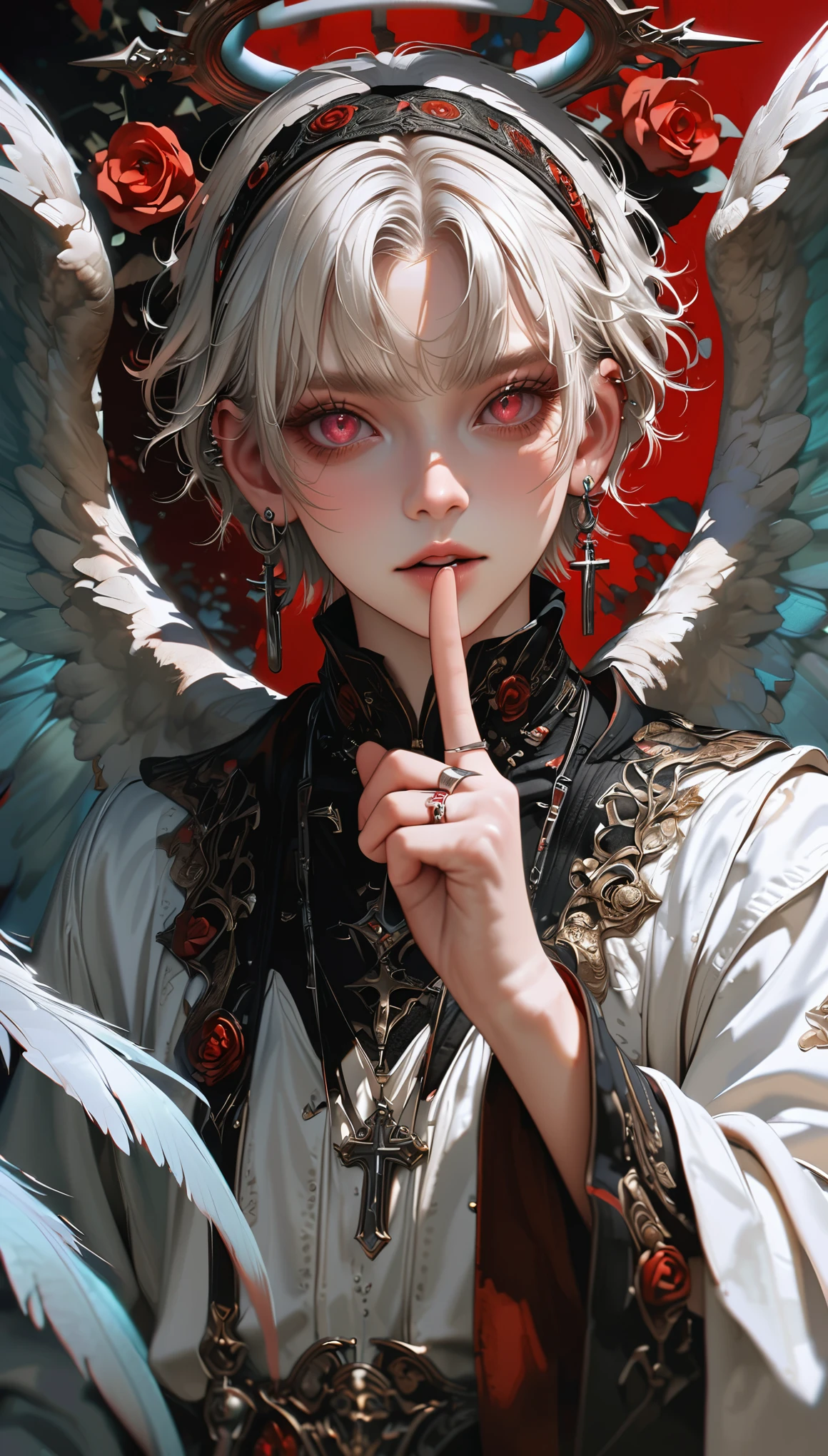 style12.(masterpiece,best quality,hyper quality,8k,absurdres,insane details,intricate details,hyperdetailed,high detail,ultra detailed,realistic:1.4, ),halo,wings,jewelry,flower,solo,white hair,rose,short hair,1boy,red flower,male focus,angel wings,earrings,looking at viewer,angel,feathered wings,red eyes,finger to mouth,ear piercing,long sleeves,piercing,red rose,pink eyes,hairband,necklace,cross,ring,index finger raised,parted lips,bangs,