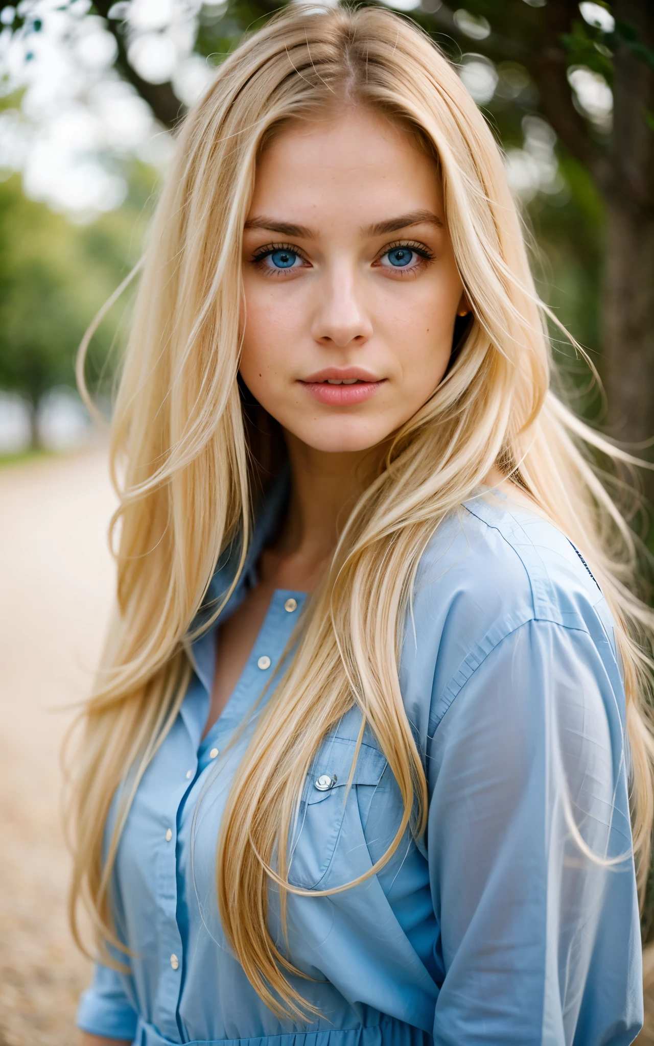 A woman with long blonde hair and blue shirt posing for a picture - SeaArt  AI