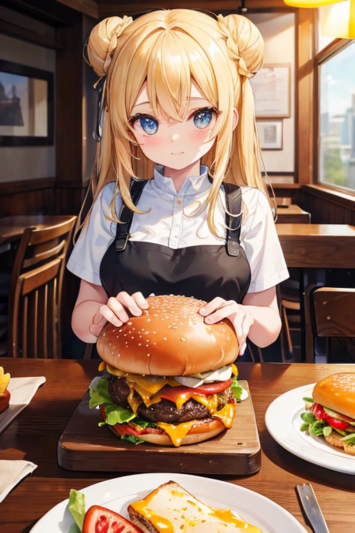 A burger sandwich, laden with juicy tomato slices and gooey melted cheese, sits proudly atop a table in a quintessential restaurant. The intricately textured bun, golden and toasted, cradles the savory patty, which oozes with enticing flavors. The image is rendered in 8k resolution, boasting lifelike realism in every meticulously captured detail. The photograph, rich in depth and clarity, transports the viewer straight to the scene. The vibrant colors of the ingredients pop against the worn wooden tabletop, while the soft focus on the sandwich creates a tantalizing appeal. The natural lighting bathes the scene