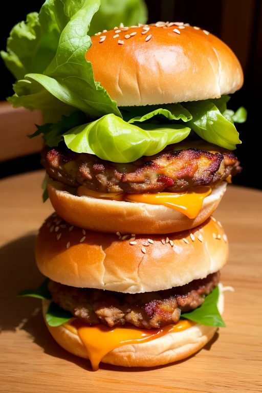 in a warm, inviting glow, casting shadows that add to the intricacy of the image. The burger's crimson tomatoes glisten under the light, contrasting beautifully with the golden hue of the melty cheese. The lettuce leaves, crisp and green, peek out from between the slices, adding a fresh, crisp counterpoint to the rich, savory patty.

This 8k masterpiece captures the very essence of a classic burger joint experience. The intricate texture of the bun is readily apparent, as is the juicy, succulent patty, each and every detail rendered with lifelike realism. The contrast between the glistening tom