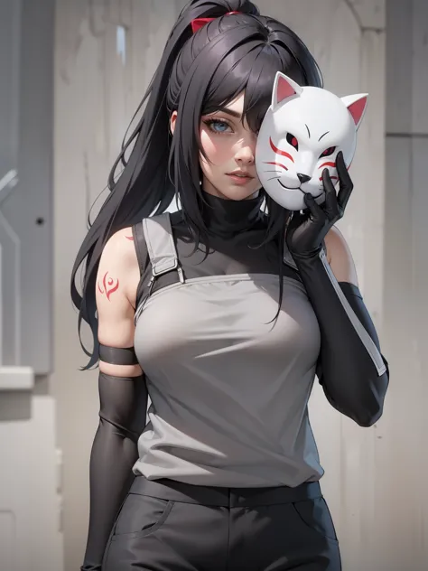 perfect eyes:1.2, detailed eyes:1.4, black hair, ponytail, very long hair, mask on hand, covering face, cat mask, grey armor:1.2...