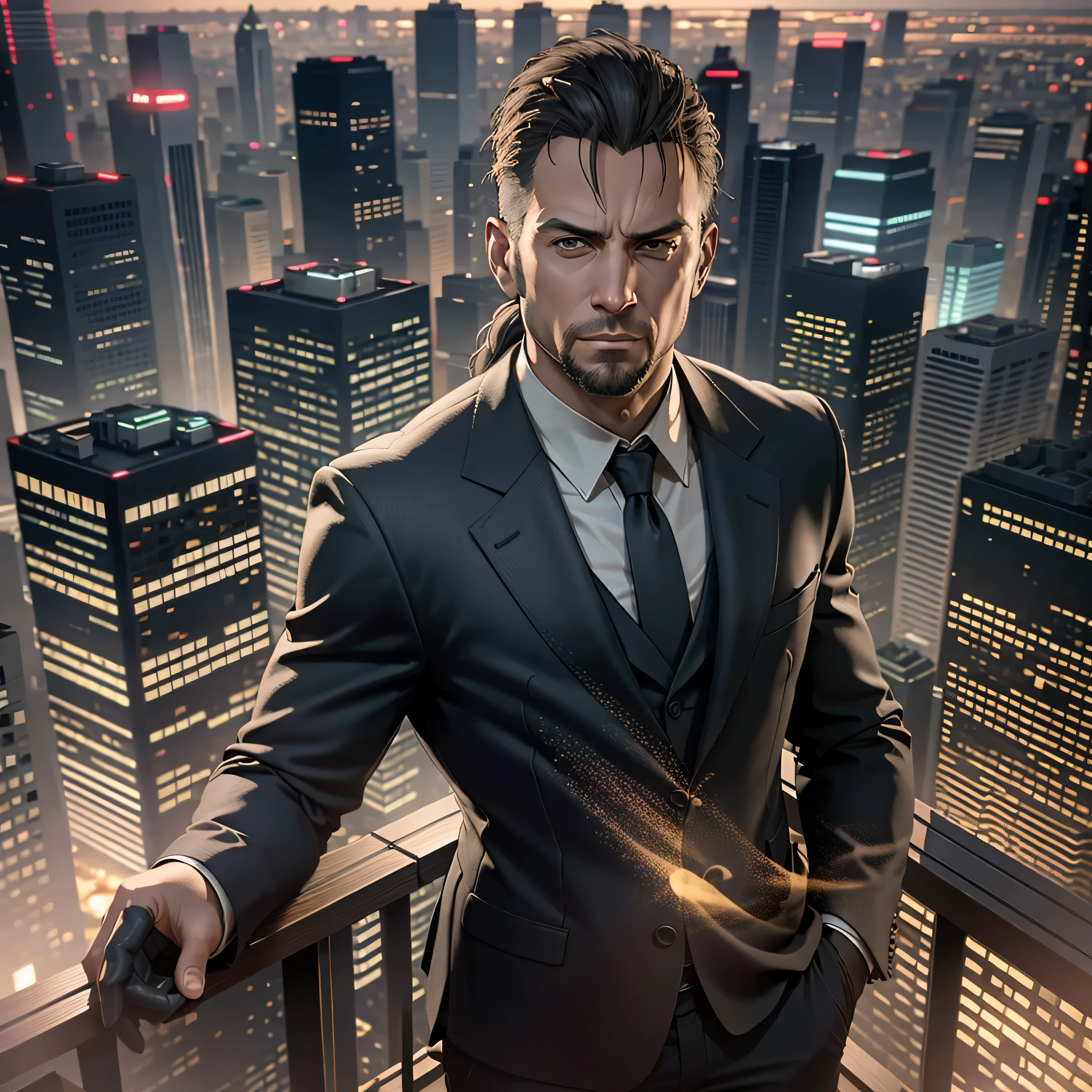 ((ultra detailed, masterpiece, best quality))
 REVChris, 35yr. old, 1boy, solo, ponytail hair, goatee, On a sophisticated city rooftop, dressed in a sharp blazer, with the skyline as the backdrop, at night, photo-realistic, octane render, unreal engine, ultra-realistic