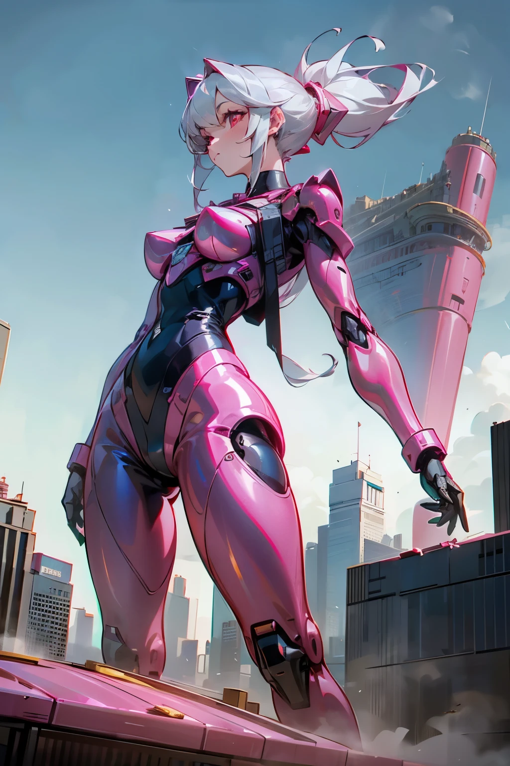 (très bien, professionnel, surréaliste), Des bâtiments imposants sortent du sol，Former un magnifique paysage de la ville du futur. Au centre de l&#39;image, Une énorme et magnifique robot mecha girl se tient debout. Sa coque en métal rose brille, elle porte un body noir, cheveux argentés, queue de cheval, les yeux rouges