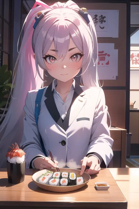 Squid-like girl serving sushi, silver hair, ponytail, dark blazer, honeycombed face, cool