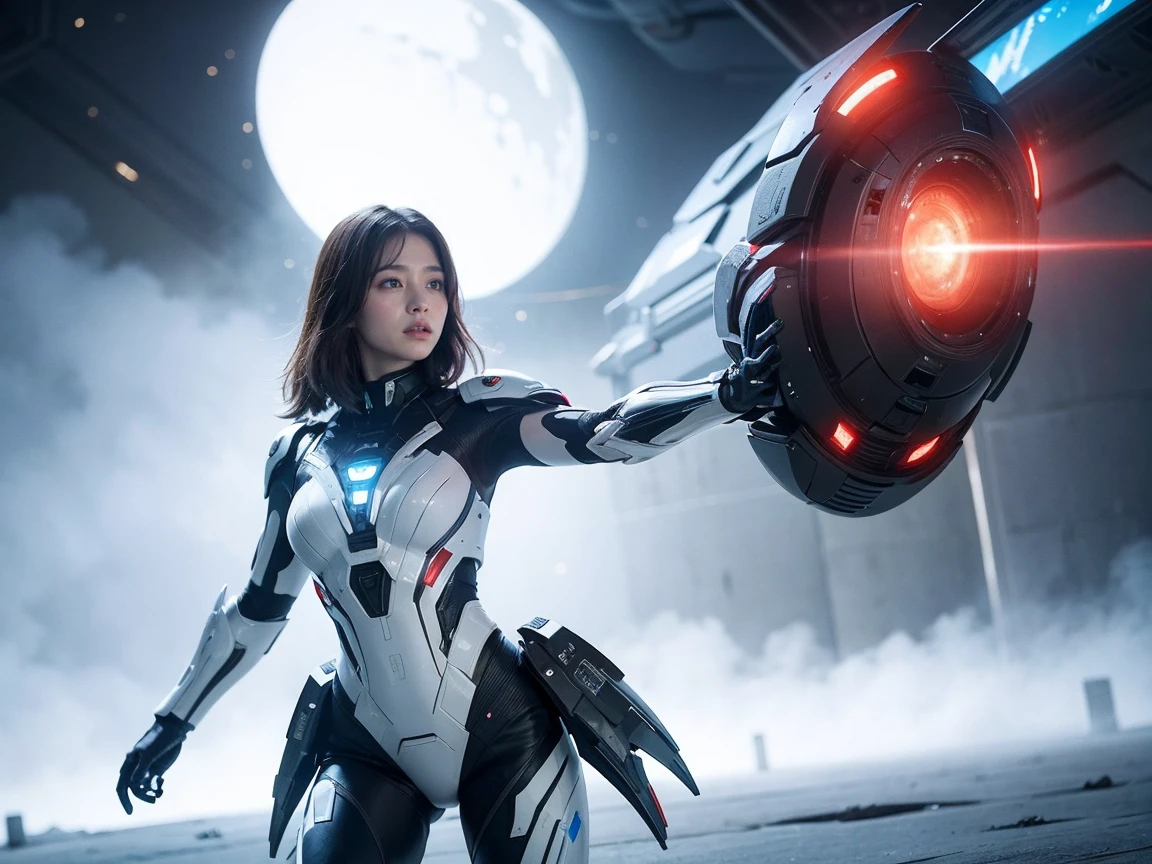 (Raw photo, highest quality), (realistic, Photoreal:1.3), 1 girl、realisticbody、Pleiades space warrior、white and red battle suit skirt、spaceship coming from space、Battle against reptilian aliens、shield and ray gun、serious expression