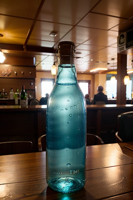 a bottle of mineral water, em um restaurante, the bottle is big, water is cold, real, fotografia, 8k, realista