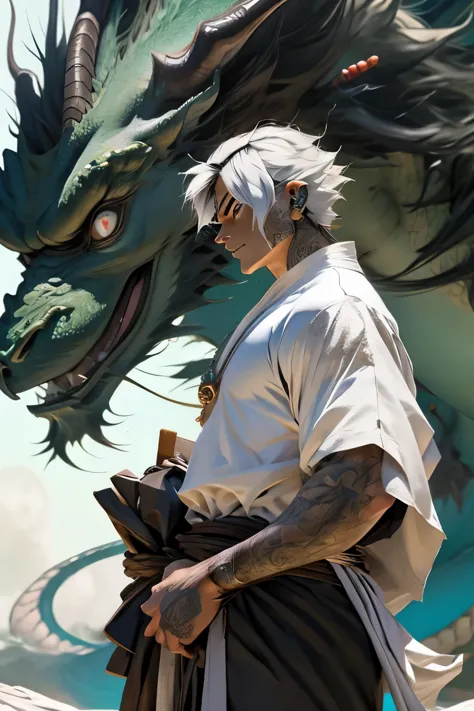 gars d'anime avec des cheveux blancs et des tatouages debout devant un dragon, cheveux moyen-long, handsome japanese demon boy, ...