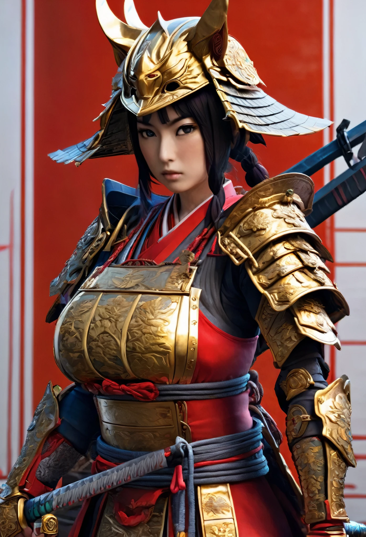 Cinematic shot, insanely detailed,Detailed illustration,full body lady samurai,big breast,colored,detailing,Emphasize red and gold assassin steel, intricate armor detailing,8k resolution,high contrast,cinematic lighting, clean-shaven, high level of detail,Koyoharu Gotouge art style.