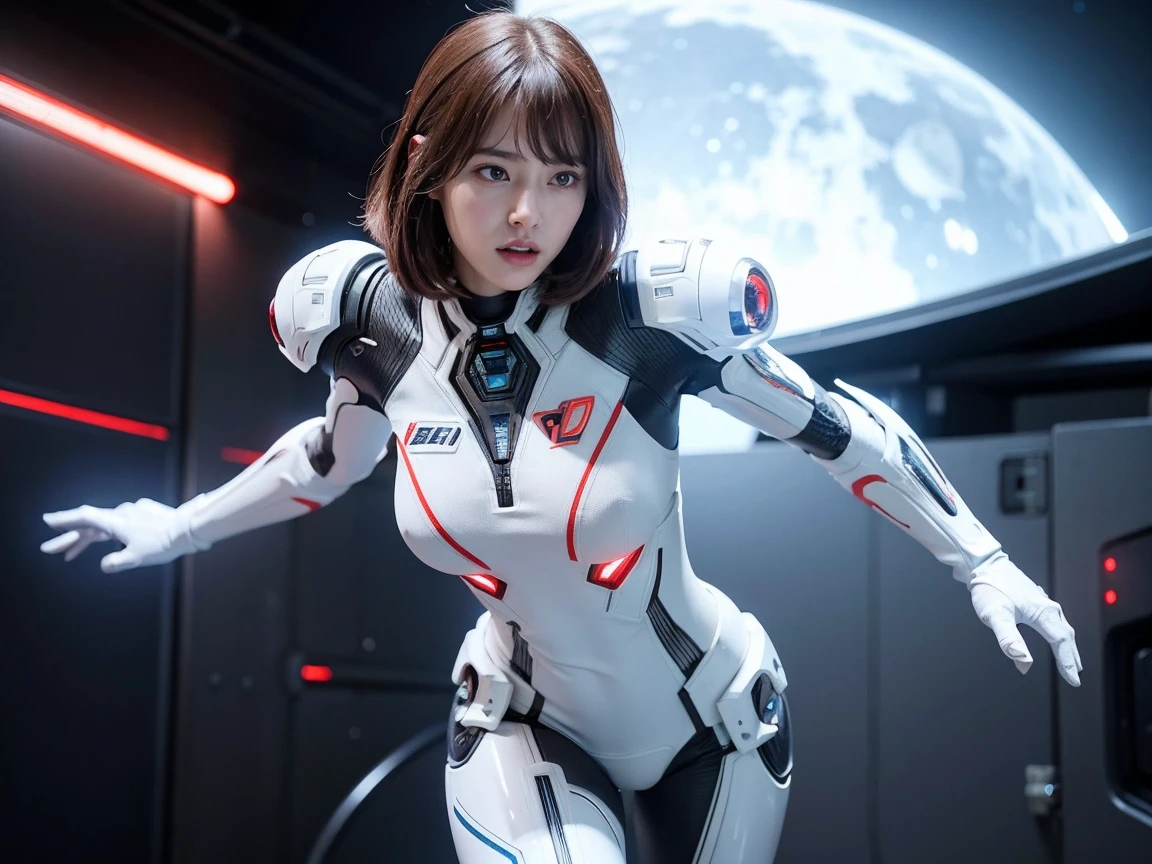 (Raw photo, highest quality), (realistic, Photoreal:1.3), 1 girl、realisticbody、Pleiades space warrior、white and red battle suit skirt、spaceship coming from space、Battle against reptilian aliens、shield and ray gun、serious expression