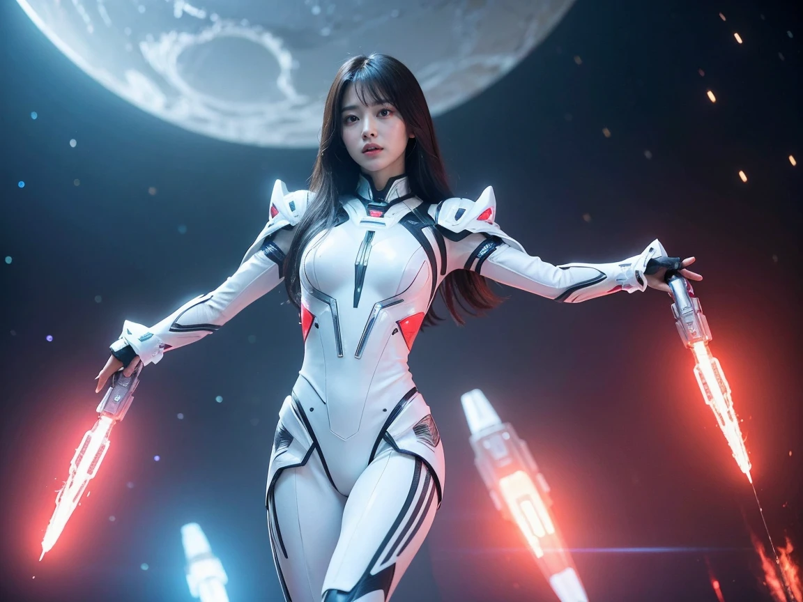 (Raw photo, highest quality), (realistic, Photoreal:1.3), 1 girl、realisticbody、Pleiades space warrior、white and red battle suit skirt、spaceship coming from space、Battle against reptilian aliens、shield and ray gun、serious expression