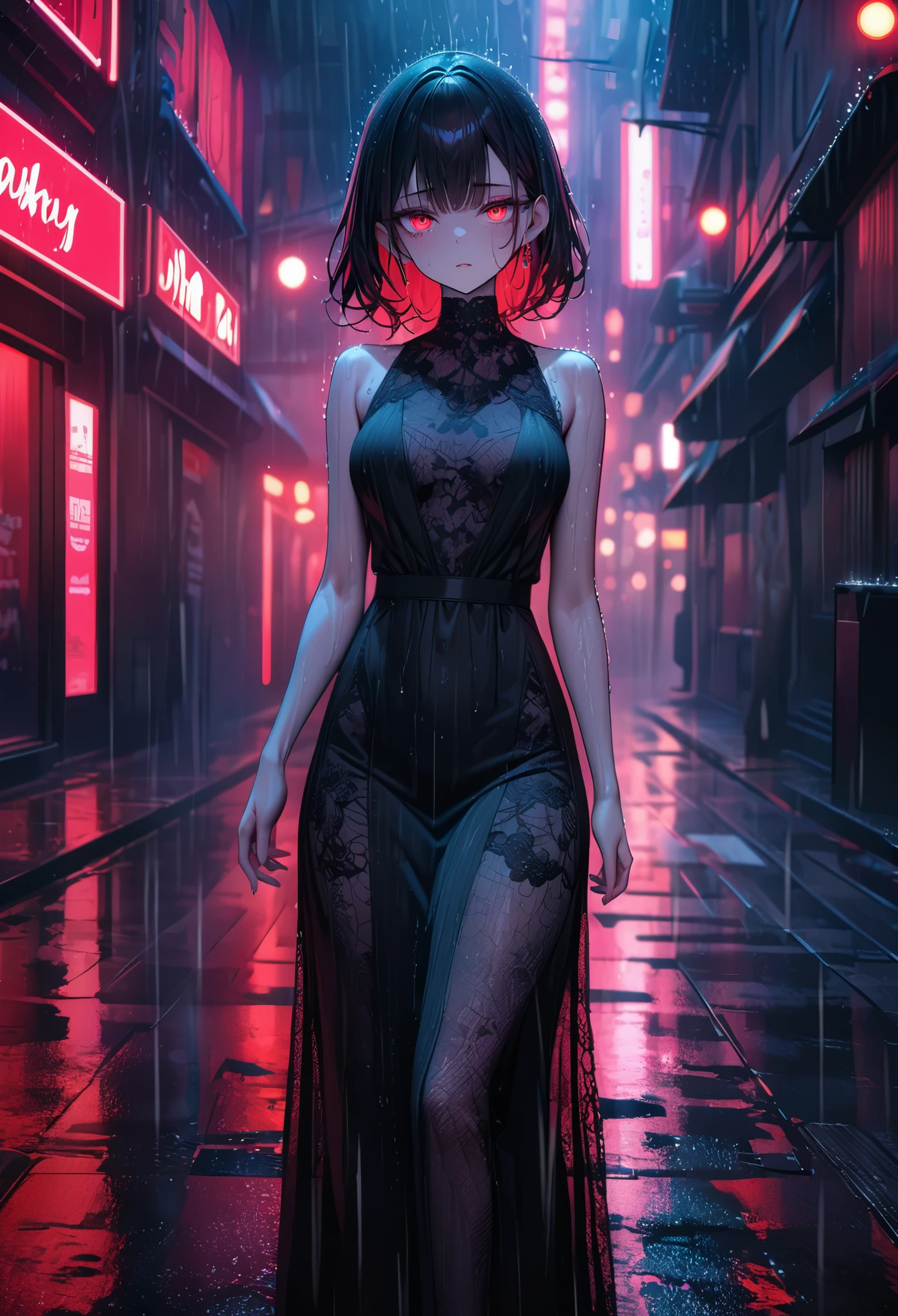 ((Best quality, 8k, lace maxi dress, standing in the rain, red light district, highly detailed face and skin texture, detailed eyes, double eyelids.)