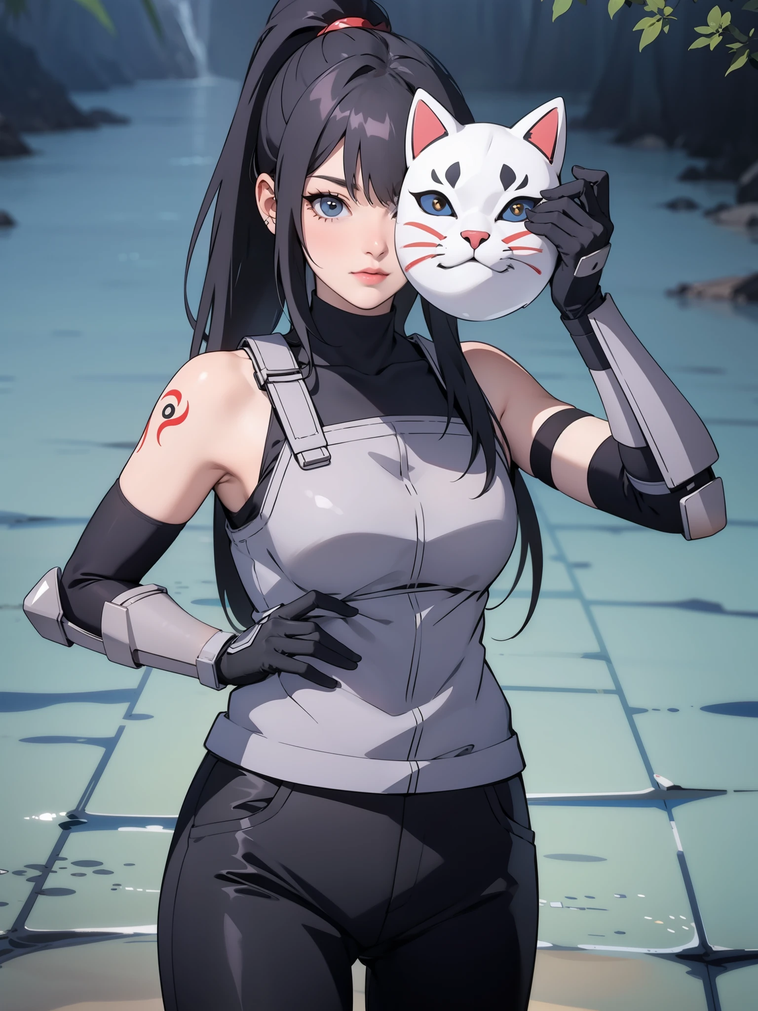 perfect eyes:1.2, detailed eyes:1.4, black hair, ponytail, very long hair, mask on hand, covering face, cat mask, grey armor:1.2, grey arm guards, black elbow gloves, black shirt, sleeveless, turtleneck, black pants, red arm tattoo, 1girl, solo, (masterpiece:1.6, best quality),