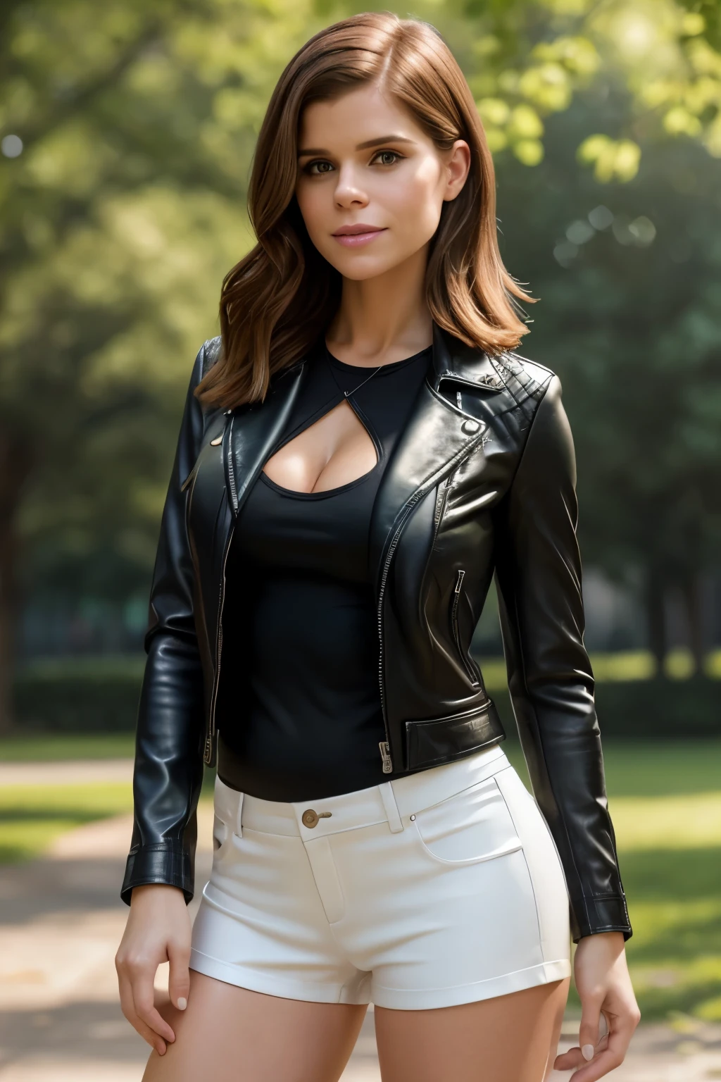 a gorgeous woman (Kate Mara), beautiful woman, skinny, (Masterpiece, best quality, photorealistic, highres, professional photography:1.4), (open short leather jacket:1.25), (short tight white tank top:1.1), (small tight leather shorts:1.2), (stiletto heels:1.3), perfect hands and fingers, realistic skin, perfect body shape, large breasts, cleavage, (stylish hairstyle, extremely detailed hair), delicate sexy face, detailed face, playful gaze, sexy smile, glossy lips, background posing in Melbourne, in park, green trees, beautiful flowers, sunny day, cinematic light, fashion photograph, film, bokeh, 4k, shot on Canon, 85mm, kodak vision color, extremely detailed, foto_\(ultra\), post-processing, maximum detail, roughness, real life, ultra realistic, photorealism, photography, 8k uhd, ((soft illumination, highly detailed, realistic, super realistic, realism, realistic detail)), full body portrait