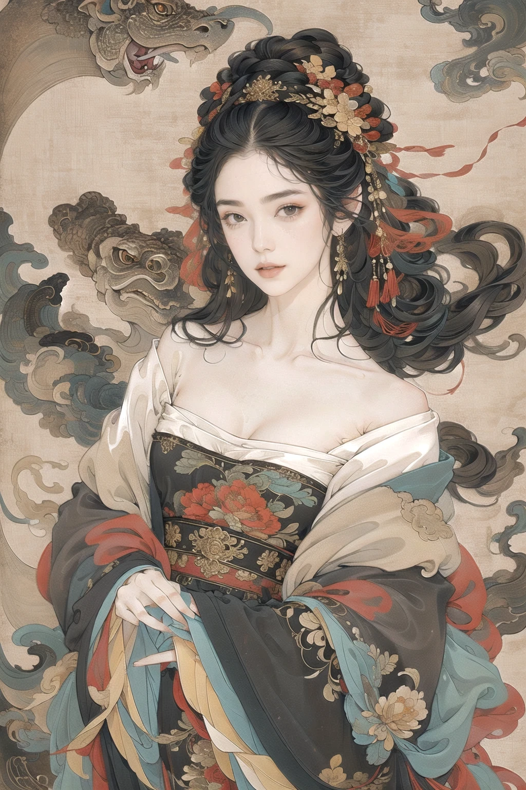 guofeng,Illustrated,black eyes,long hair,multiple colors,high definition,Rich in intricate details,8K,illustration,crazy colors,off shoulder, 1girl,chinese