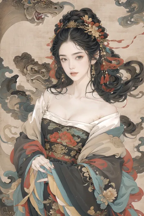 guofeng,Illustrated,black eyes,long hair,multiple colors,high definition,Rich in intricate details,8K,illustration,crazy colors,...