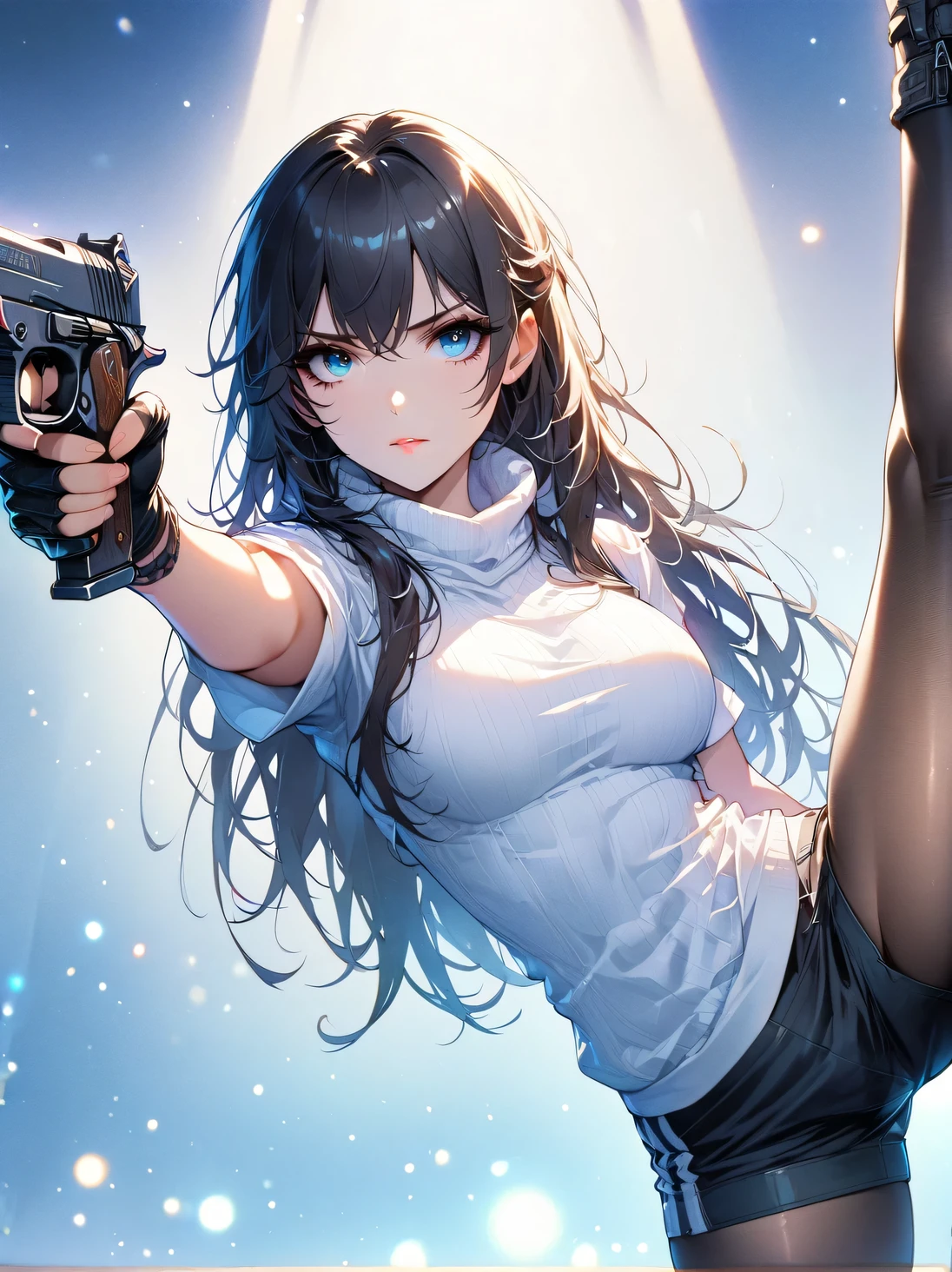 (best quality:1.2), 1 girl, standing_split, long black hair, white turtleneck sweater, sports Shorts, pantyhose, Beautiful and delicate eyes, Beautiful and delicate lips, Extremely detailed eyes and face, long eyelashes, bright colors, professional, Super detailed, actual, studio lighting, Physically based rendering，Holding a gun with one hand，Aim at you，anatomically correct, ccurate