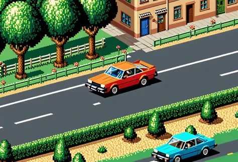 a game scene from a retro car racing game., 8 bit, 8 bit color palette, Nintendo Entertainment System, retro textures, original gameplay, 3D, high detail, clear game textures, clear image of details, game cars are shown in detail, complex elaboration of elements, a fictional world
