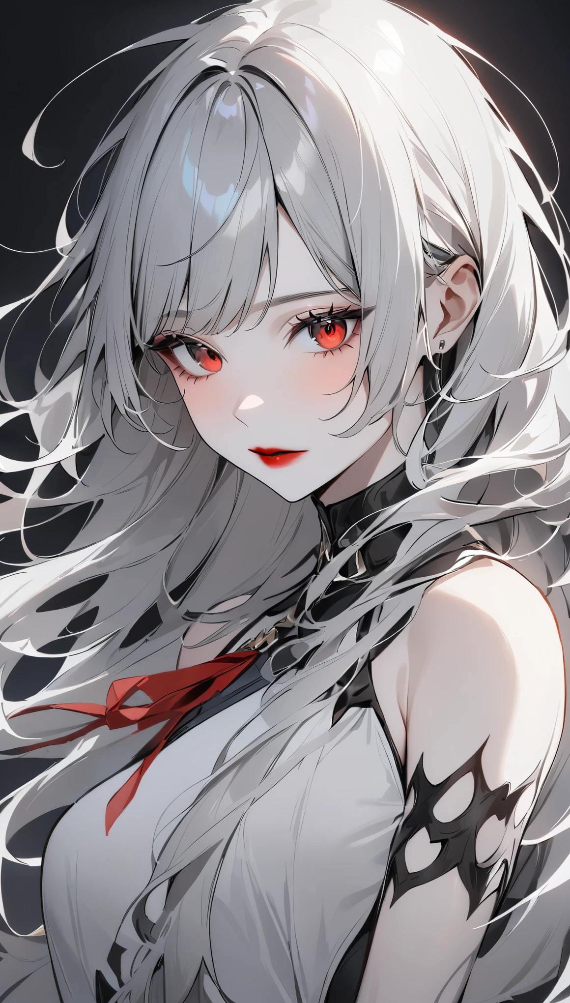 highest quality、masterpiece、1 girl、black background、gray hair:1.5、red eyes、red lips、white clothes、Black and white world、Black and white world、pale skin、side blade