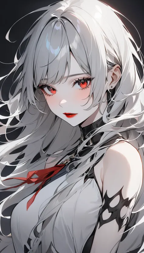 highest quality、masterpiece、1 girl、black background、gray hair:1.5、red eyes、red lips、white clothes、Black and white world、Black an...