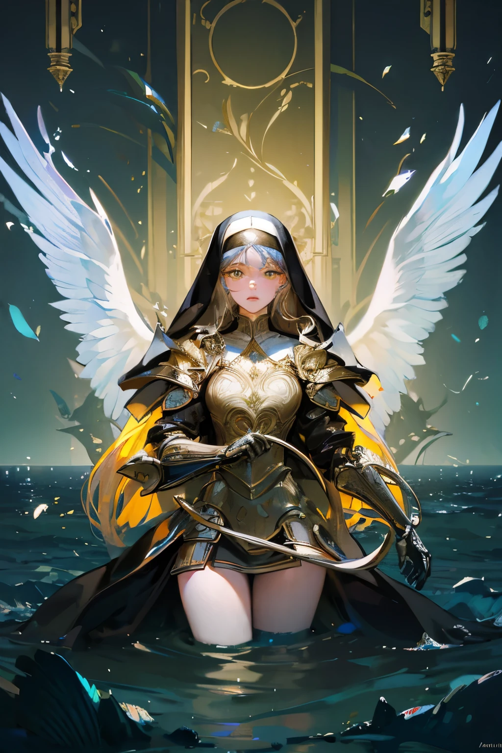 ((raw photo)), ((masterpiece)), anthropomorphic humanoid AngelGirl wearing nun's armor, intricate detail, futobot, intricate Greebles pieces, sea behind, yellow wings, beautiful, detailed eyes and lips