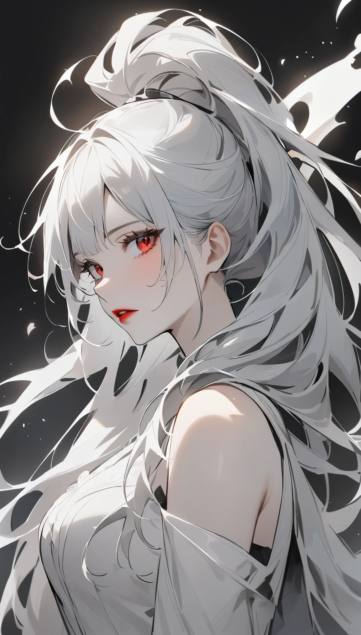 highest quality、masterpiece、1 girl、black background、gray hair:1.5、red eyes、red lips、white clothes、Black and white world、Black and white world、pale skin、side blade