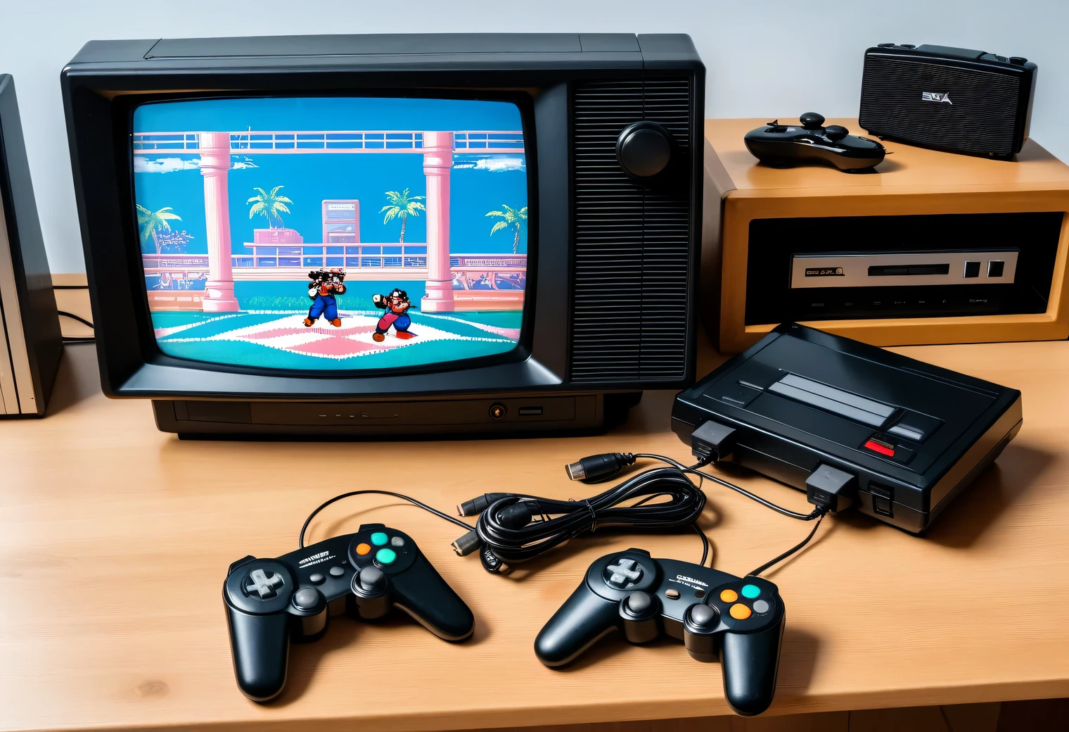 桌子上有一個復古的 Sega Mega Drive 遊戲機，連接到復古電視並運行復古遊戲, 2 個遊戲手柄, 复古照片, 真實的, 清除, 顏色, 怀旧, 1993