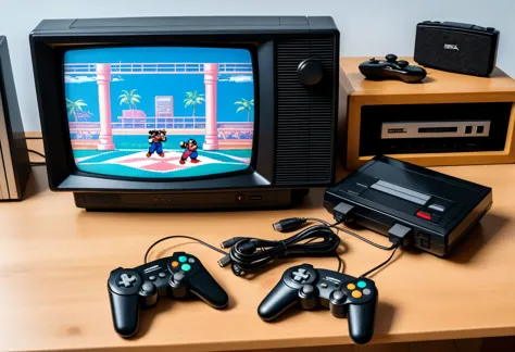 On the table there is a retro Sega Mega Drive game console connected to a retro TV and running a retro game, 2 gamepads, retro photos, real, clear, color, nostalgia, 1993