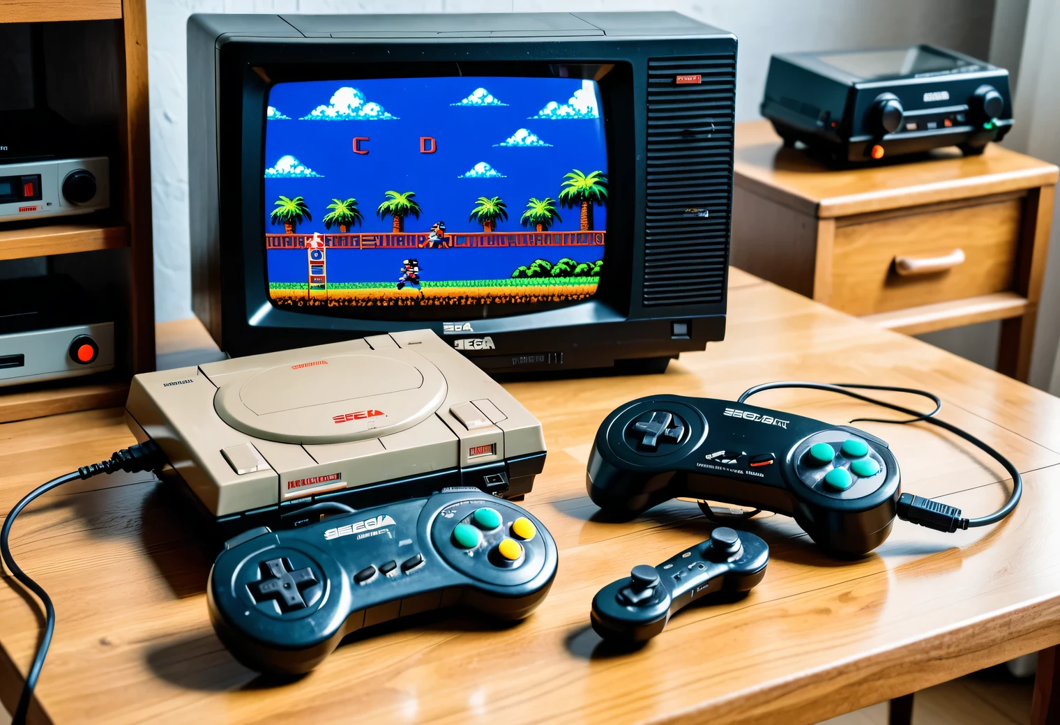 On the table there is a retro Sega Mega Drive game console connected to a retro TV and running a retro game, 2 gamepads, retro photos, real, clear, color, nostalgia, 1993